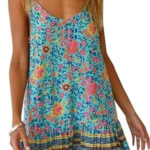 Qearal Floral Printed Dress Summer Sleeveless Adjustable Strap - L